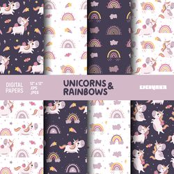 Unicorn and Rainbow Digital Paper, Celestial Patterns, Unicorn Seamless Patterns
