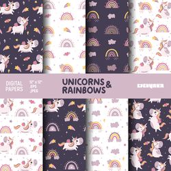 unicorn and rainbow digital paper, celestial patterns, unicorn seamless patterns