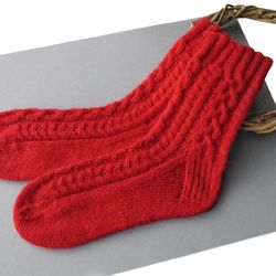 Alpaca wool socks. Red socks. Cable knit socks. Slippers women socks. Gift for her.