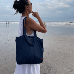 cotton shopper embroidered bag with double strap /summer purse | soft sport casual everyday bag | blue hedonist purse |