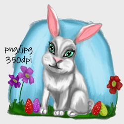 Digital download / Hand drawn, cute, Easter rabbit with flowers and eggs