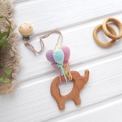 Hanging stroller mobile toy wooden elephant with crochet balloons, car seat toy, baby gym toys, pram toy - baby keepsake