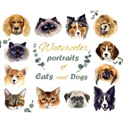 Watercolor clipart, Cat clipart, Dog clipart, Hand painted, drawn artwork to make your own unique postcards, t-shirts