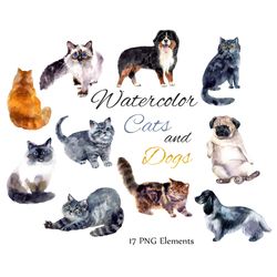 Watercolor Pets Clipart, Cute Animals Clipart, Hand painted, Baby shower, poster, scrapbooking, birthday party and card