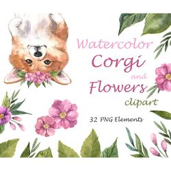 watercolor clipart, watercolor cute corgi and flowers art, postcards, invitations, t-shirts, scrapbooking, bags, poster