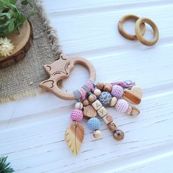Wooden rattle toy fox personalised - woodland baby shower gift crochet sensory pink gray - keepsake custom baby gift toy