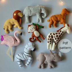 PDF patterns Safari animals 8 in 1 , DIY handmade baby mobile or garland ,stuffed animals perfect for Kids