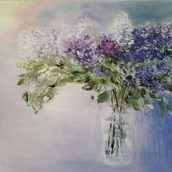 lilac in oil, flowers in oil, lilac still life, flowers in a vase, canvas on a stretcher, flowers as a gift,oil painting
