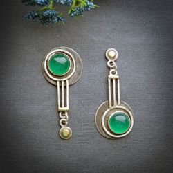 Asymmetric silver earrings, stud earrings, art deco style jewelry, green stone