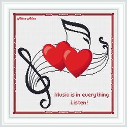 Cross stitch pattern Music Hearts notes staff Treble clef quote love counted crossstitch patterns Instant Download PDF