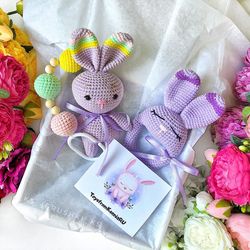 Baby rattle purple, stroller toy. Baby gift box bunny