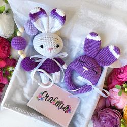 Baby gift box purple bunny, Baby rattle, stroller toy