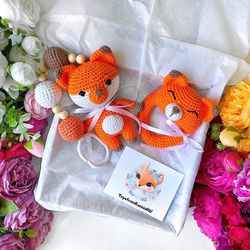 Baby rattle fox, stroller toy. Baby gift box orange fox