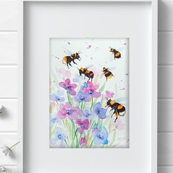 Bumblebee Painting Watercolor Wall Decor 8"x11" home art bees watercolor painting by Anne Gorywine
