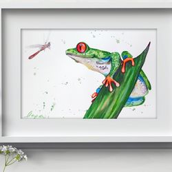 Green Tree Frog Watercolor original room wall decor frog painting by Anne Gorywine