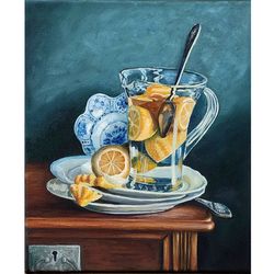 lemon painting, original art, fruit painting, food artwork, kitchen small painting, 9.4 by 12 inch