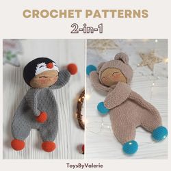 2-IN-1 Plush Bear and Penguin Baby Lovey Amigurumi Crochet Patterns PDF, Crochet Dolls Amigurumi Tutorial ENG