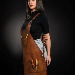 Brand New Leather apron For Women With Pockets For BBQ Chef Cooking For Gifts
