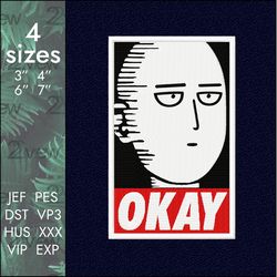 OKAY Embroidery Design, Saitama One Punch Man anime, 4 sizes