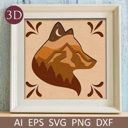 3d shadow box with mountain svg, Papercut layered 3d fox
