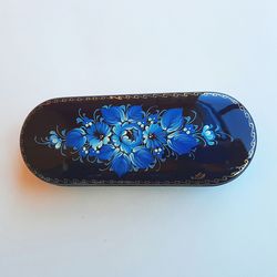 Blue floral spectacles case hard - Russian glasses case hand painted