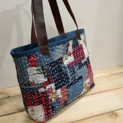 Unique stylish Quilted patchwork and boro shoulder bag made of denim and cotton pieces. tote bag , shoulder bag,