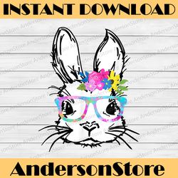 cute bunny face rainbow glasses flowers easter easter day png, happy easter day sublimation design