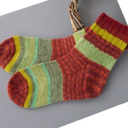Striped women's hand knitted scrappy socks. Gift for her.