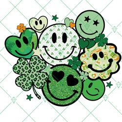 st patricks day smiley faces png, retro groovy png, clover png instant download