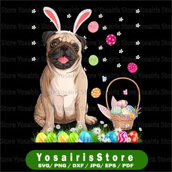 happy easter png, cute bunny dog png, pug wearing bunny ears png, pug lover happy easter png, pug dog ears easter bunny