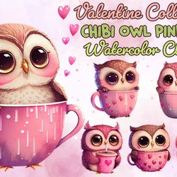 06 files chibi owl valentine pink cup clipart valentine owl sublimation bundle png