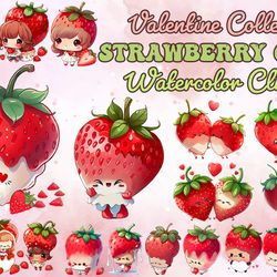 19 png chibi strawberry watercolor happy valentines day sublimation digital bundle