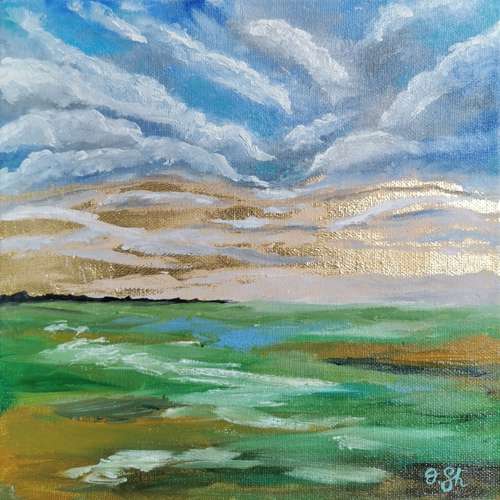 Green field sunset - original oil painting on canvas, landscape, gold leaf, small painting