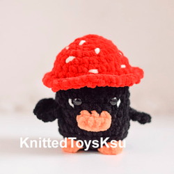 duck in hat, black duck gift, black duck plush in mushroom hat, black duckling plush gift by KnittedToysKsu