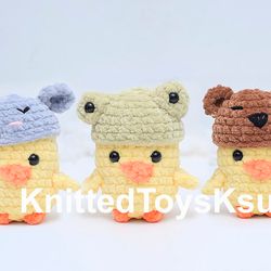 duck toy with set of hats, duck with frog hat, duckling with froggy hat toy gift, duck birthday gift by KnittedToysKsu