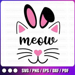 meow cat face easter day svg, bunny ears svg, funny cat lover svg png, kitten whiskers, cute kitty eyelashes, svg,