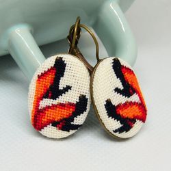 Black shoes embroidered earrings, Cross stitch orange jewelry, Handcrafted gift for women