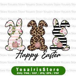 digital png file - happy easter bunny rabbit trio - blush floral, leopard cheetah, stripes clip art sublimation design