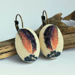 Black feather dangle embroidered earrings, Modern cross stitch jewelry, Handcrafted fabric gift for women