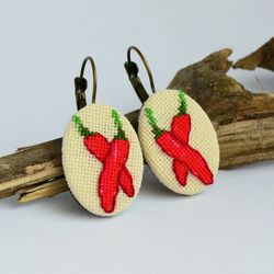 Red hot chili pepper embroidered earrings, Modern cross stitch jewelry, Handcrafted gift for her