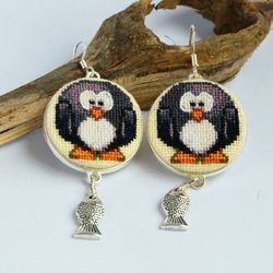 Black penguin embroidered earrings, Cross stitch animal jewelry, Handcrafted birthday gift