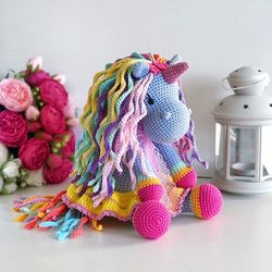 Crochet animal. Unicorn toy blue, pink
