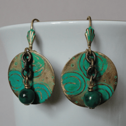 Boho Shabby chic Vintaj solid and natural brass Chrysocolla Textured patinated earrings with chain