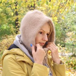 Hooded scarf, Wool angora hood for women, Fluffy wool balaclava, Knit bonnet, Winter warm hood