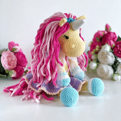Crochet animal. Unicorn toy pink, yellow