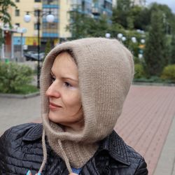 Hooded scarf, Wool angora hood for women, Fluffy wool balaclava, Knit bonnet, Winter warm hood