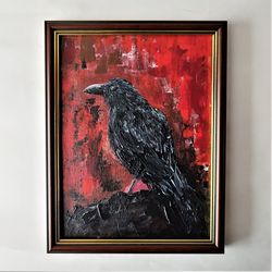Abstract raven painting black crow art impasto bird artwork