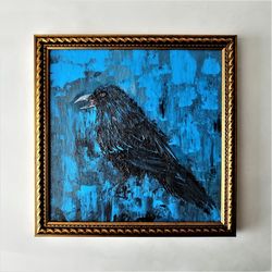 Raven bird painting acrylic abstract black blue crow artwork