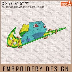 bulbasaur nike embroidery files, nike embroidery, pokemon, anime inspired embroidery design, machine embroidery design