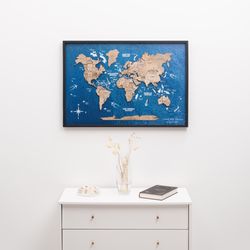 Home Decor for Living Room, Framed Wall Art, Travel Decorations, Office Decor, 3D Wooden World Map with Background,